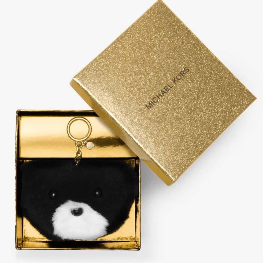 Michael Kors Teddy Bear Pom Fur Key Chain Toy Fob Bag Charm, Black Gift Box $98